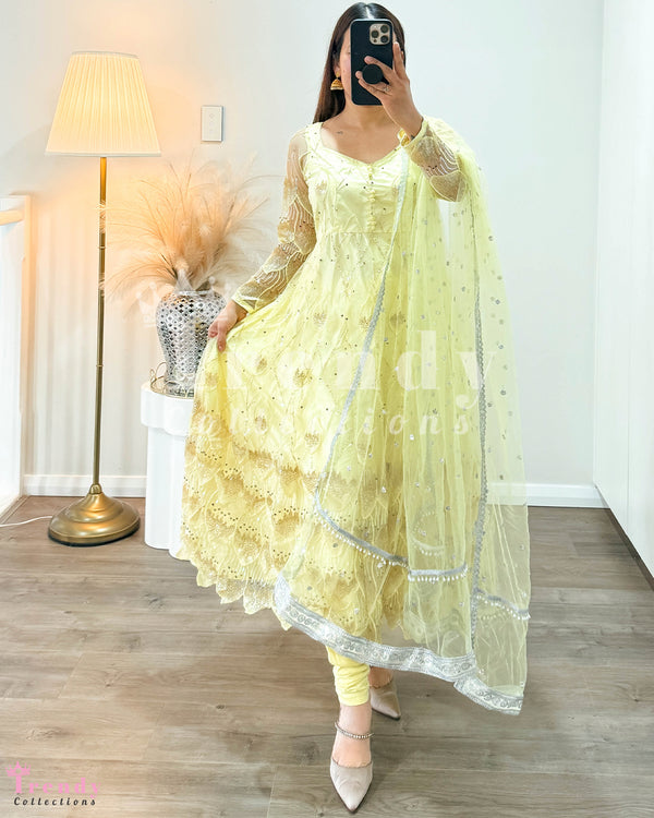 Light Yellow Net Fabric Anarkali Set with Sequin Work ( Sizes 32 to 40 available)