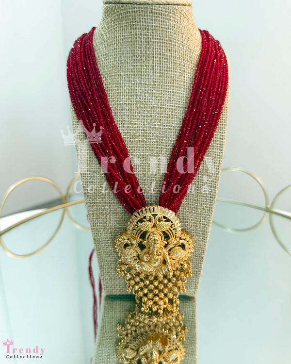 Ruby Beaded Antique Gold Ganesha Pendant Temple Necklace