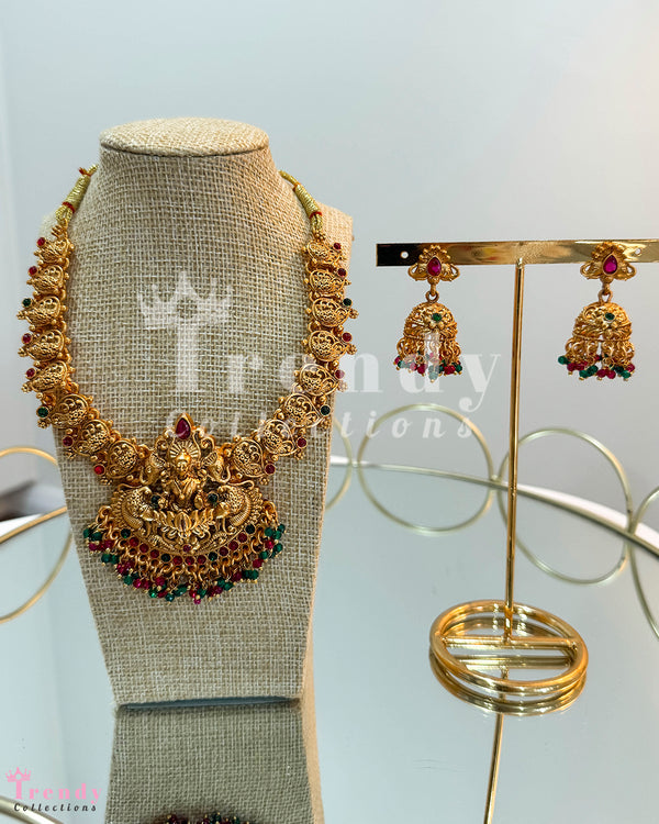 Antique Gold Temple Necklace with Mahalaxmi Pendant and Earring Set