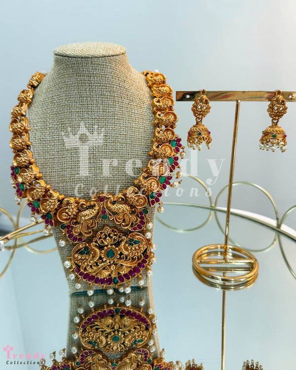 Antique Gold Peacock Necklace with Pearl Drops and Jhumka Earring Set
