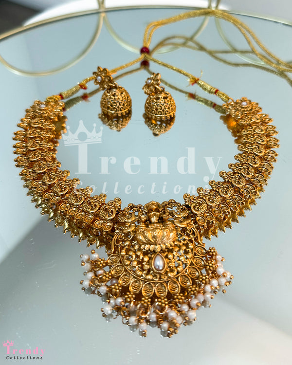 Traditional Gold Coin Necklace with Goddess Pendant and Jhumka Earring Set
