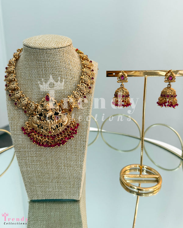 Antique Gold Lakshmi Temple Necklace with Ruby Beads and Jhumka Earring Set