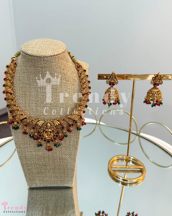 Antique Gold Multi-Stone Temple Necklace with Beaded Chain and Jhumka Earring Set