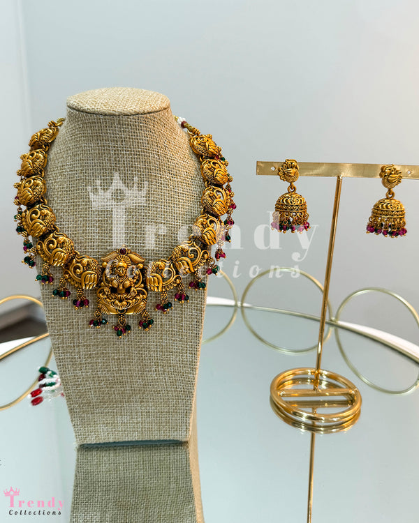 Antique Gold Lakshmi Temple Necklace with Ruby & Emerald Beads and Jhumka Earring Set
