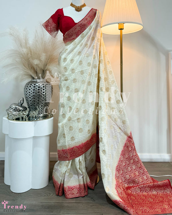 3 Piece Saree Set - Off White Red Shade (Sizes 36 - 40 available)