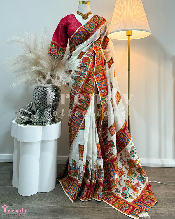3 Piece Traditional Rajasthani Printed White & Maroon Saree Set (Sizes 34 - 44 available)