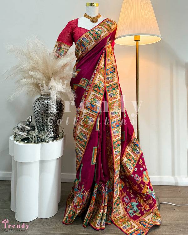3 Piece Traditional Rajasthani Printed Maroon Saree Set (Sizes 34 - 44 available)