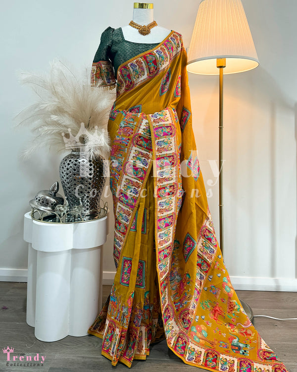 3 Piece Traditional Rajasthani Printed Mustard Yellow & Green Saree Set (Sizes 34 - 40 available)