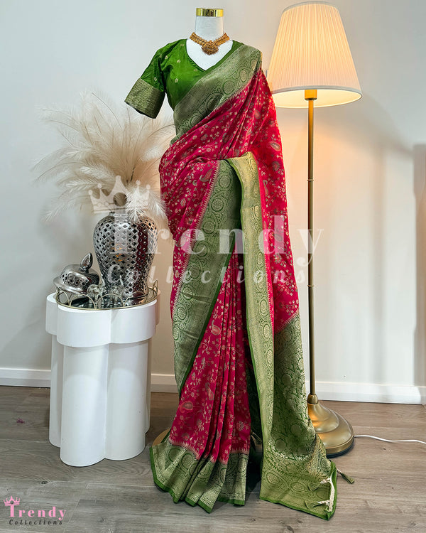 3 Piece Dola Silk Pink & Green Saree Set (Sizes 34 - 42 available)