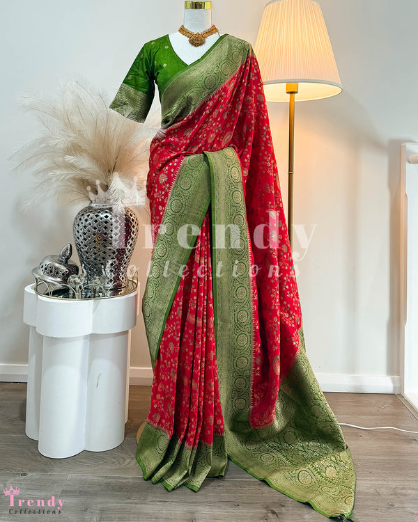 3 Piece Dola Silk Red & Green Saree Set (Sizes 34 - 42 available)