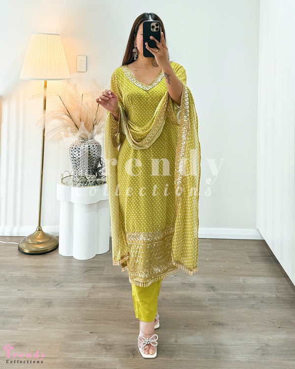 Lime Green Polka Dot Long Kurtha Set (Sizes 34 - 38 Available)