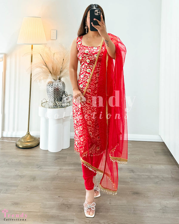 Red Banarasi Style Kurtha Set (Sizes 34 - 40 Available)