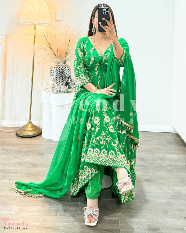 Soft Georgette Anarkali Set with Zari & Sequin Work - Lime Green (Sizes 34 to 42 available)