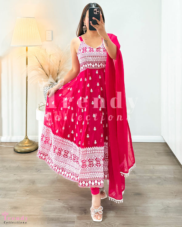 Georgette Anarkali Set with Thread & Sequin Work - Rani Pink (Sizes 32 to 40 available)