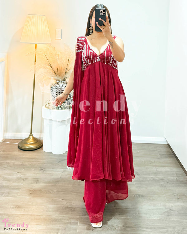 Anarkali Set with Plazo Pant, Sequin & Beads Work - Maroon (Sizes 36 to 40 available)