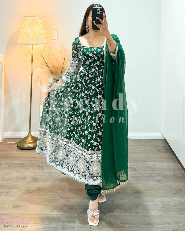 Anarkali Set with Heavy Thread & Sequin Work - Dark Green (Sizes 34 to 42 available)