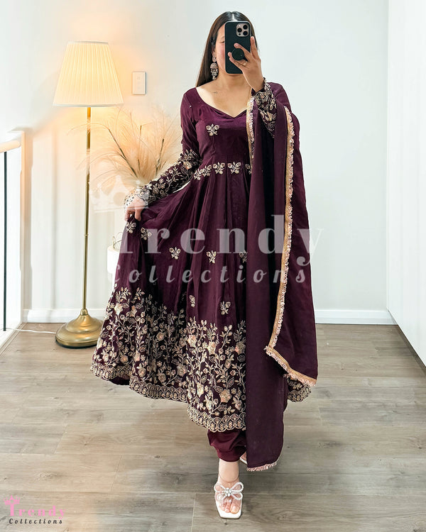 Dola Silk Anarkali Set - Wine Colour (Sizes 34 to 42 available)