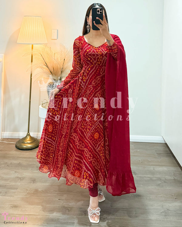 Chunri Print Soft Anarkali Set - Maroon & Yellow (Sizes 34 to 42 available)