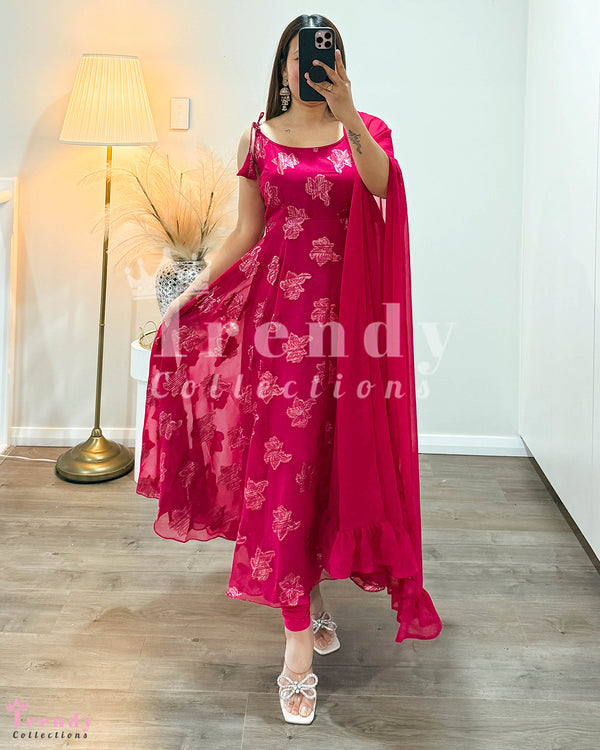 Rani Pink Full Printed Georgette Anarkali Set (Sizes 32 to 40 available)