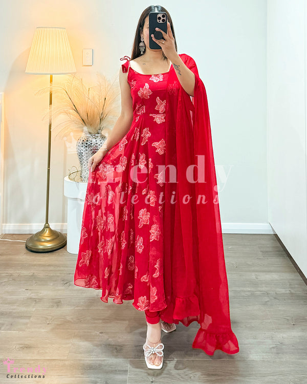 Red Full Printed Georgette Anarkali Set (Sizes 32 to 40 available)