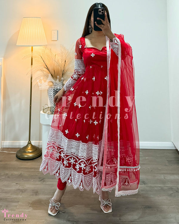 Red Full Net Fabric Anarkali Set (Sizes 34 to 44 available)