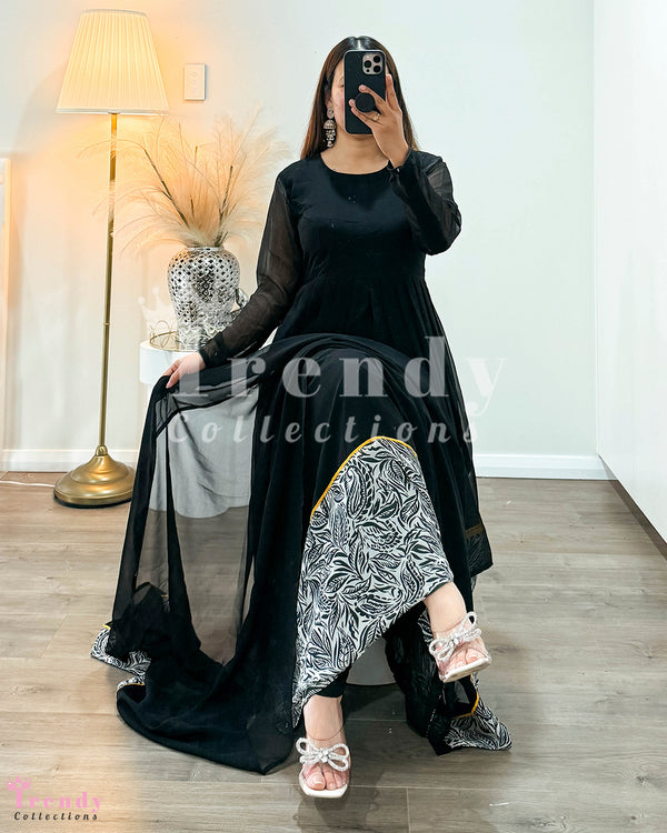 Black Georgette Anarkali Set with Digital Boarder ( Sizes 34 to 44 available)