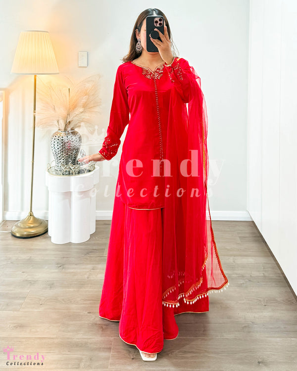 Hand Embroidered Kurtha Plazo Set - Red (Sizes 34 - 38 Available)