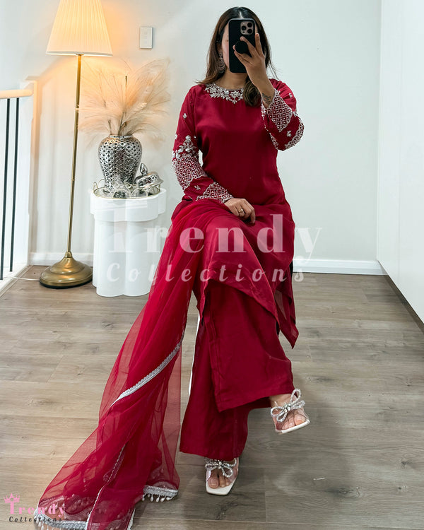 Hand Embroidered Kurtha Plazo Set - Maroon (Sizes 34 - 38 Available)