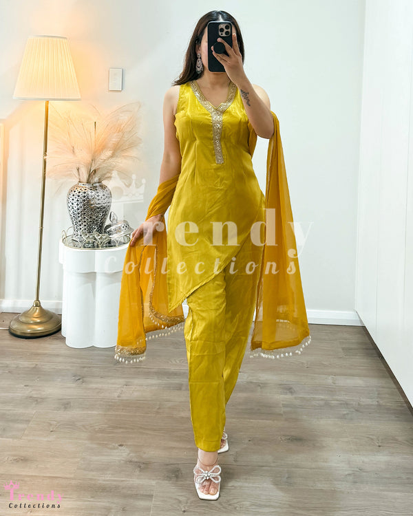 Hand Embroidered Kurtha Set - Mustard Yellow size 36-38