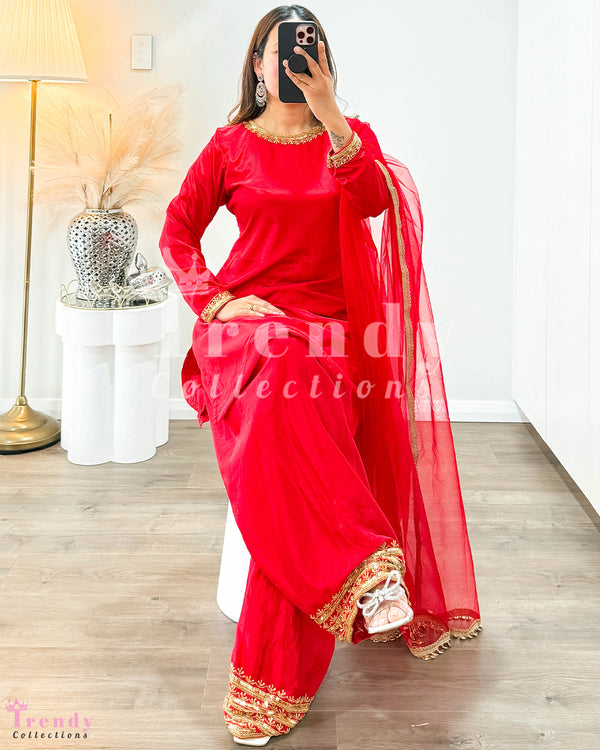 Hand Embroidered Kurtha Set - Red (Sizes 32-36 Available)