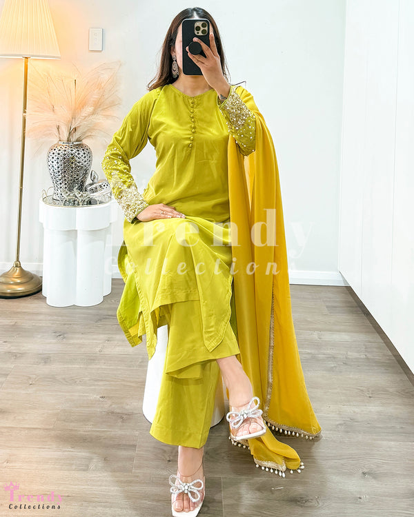 Hand Embroidered Kurtha Set - Hot Mustard Green (Sizes 34 - 38 Available)