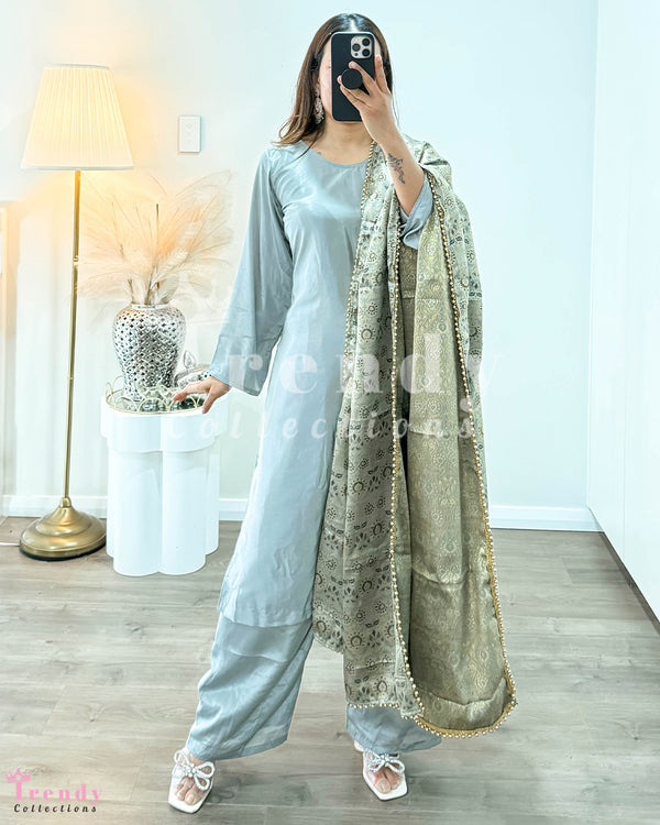 Soft Silk Kurtha Set with Heavy Shawl - Grey Blue (Sizes 34 - 40 Available)