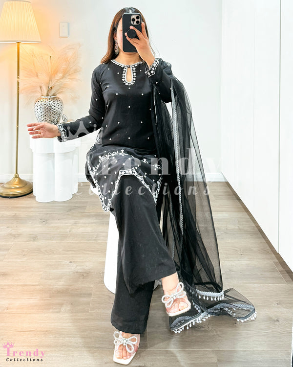 Hand Embroidered Kurtha Plazo Set - Black Colour (Sizes 32-36 Available)