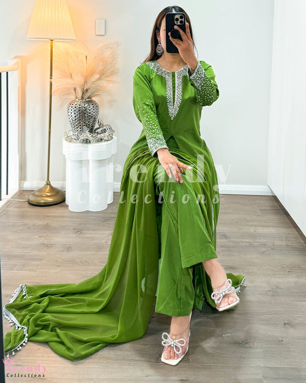 Hand Embroidered Kurtha Plazo Set - Green (Sizes 34 - 40 Available)