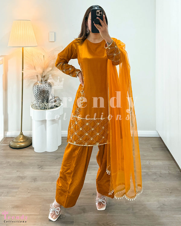 Hand Embroidered Kurtha Set - Mustard Yellow (Sizes 32- 38 Available)