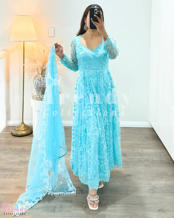 Anarkali Set with Heavy Beads Work - Blue (Sizes 36 to 38 available)