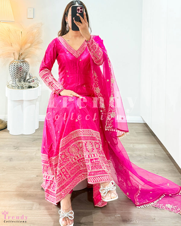 Dola Silk Anarkali Set  - Rani Hot Pink (Sizes 34 to 42 available)