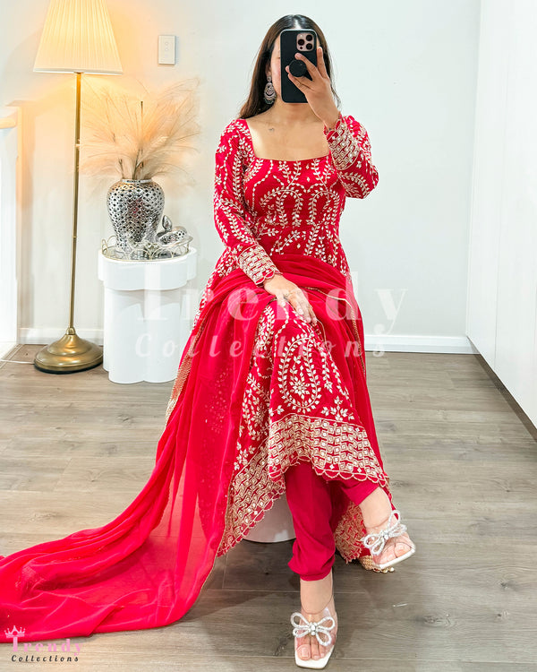 Anarkali Set With Heavy Zari Work  - Red (Sizes 34 to 42 available)