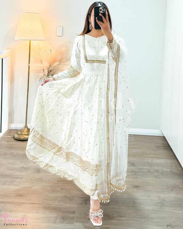 Dola Silk Anarkali Set  - Off White (Sizes 34 to 42 available)