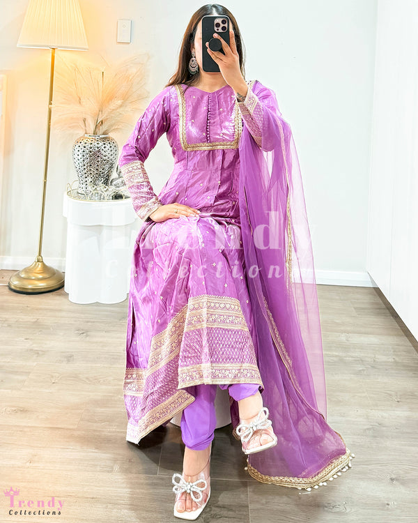 Dola Silk Anarkali Set  - Purple (Sizes 34 to 42 available)