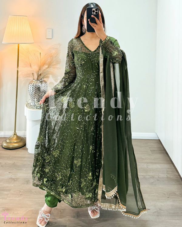 Net Anarkali Set with Zari & Sequin Work - Mehendi Green (Sizes 34 to 42 available)