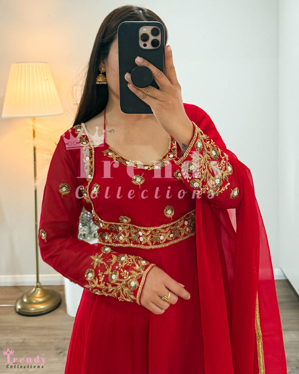 Anarkali Set with Beads Hand Embroidery - Red (Sizes 36 to 42 available)