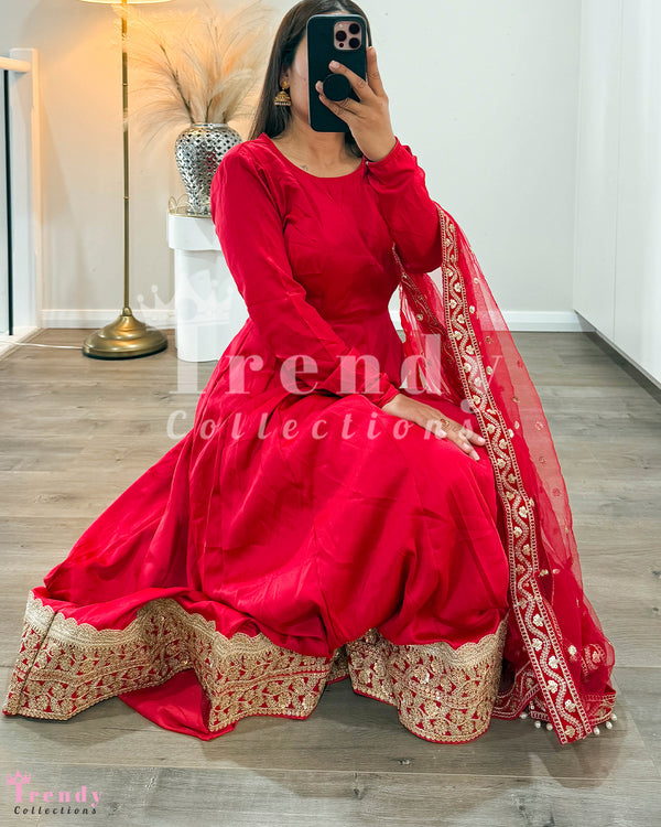 Soft Anarkali Set with Big Boarder - Red (Sizes 34 to 42 available)