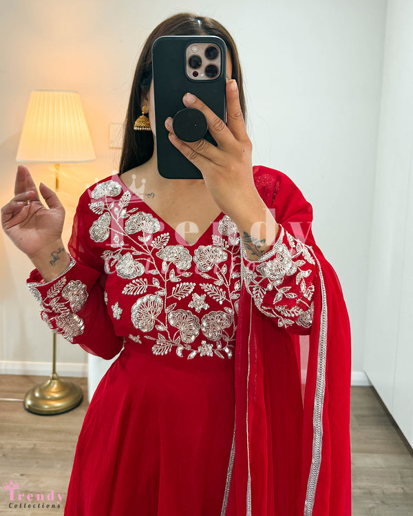 Anarkali Set with Sequin & Thread Hand Embroidery - Red (Sizes 34 to 42 available)