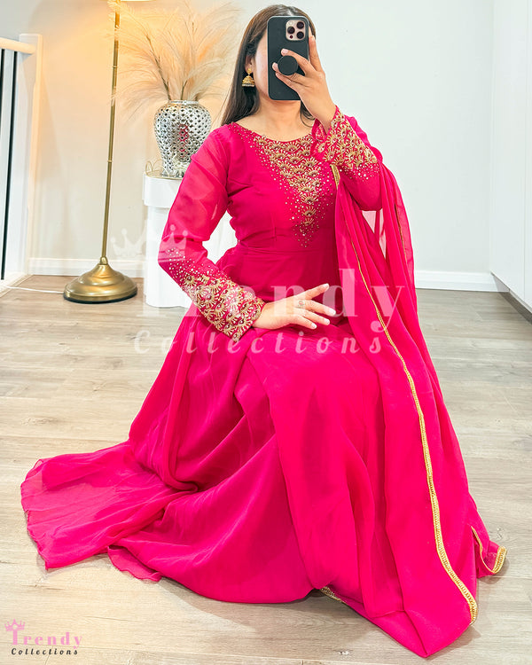 Anarkali Set with Beads Hand Embroidery - Rani Pink (Sizes 34 to 42 available)