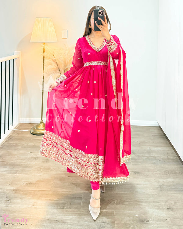 Anarkali Set with Sequin & Zari Work - Rani Pink (Sizes 34 to 42 available)