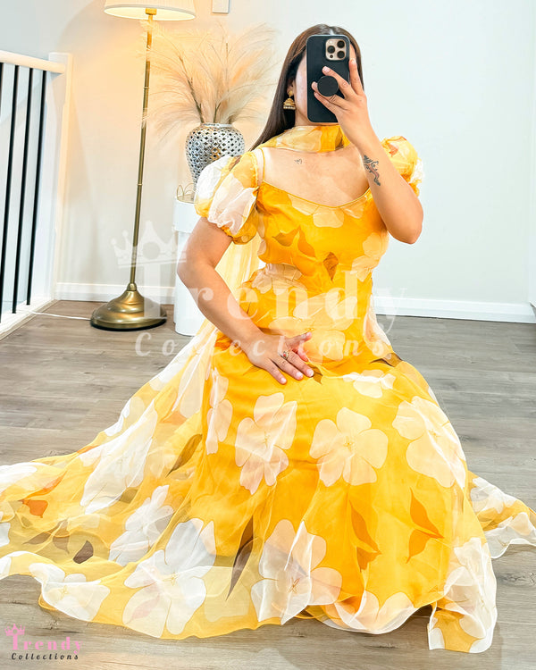 Organza Anarkali Set with Floral Print  - Yellow (Sizes 32 to 38 available)