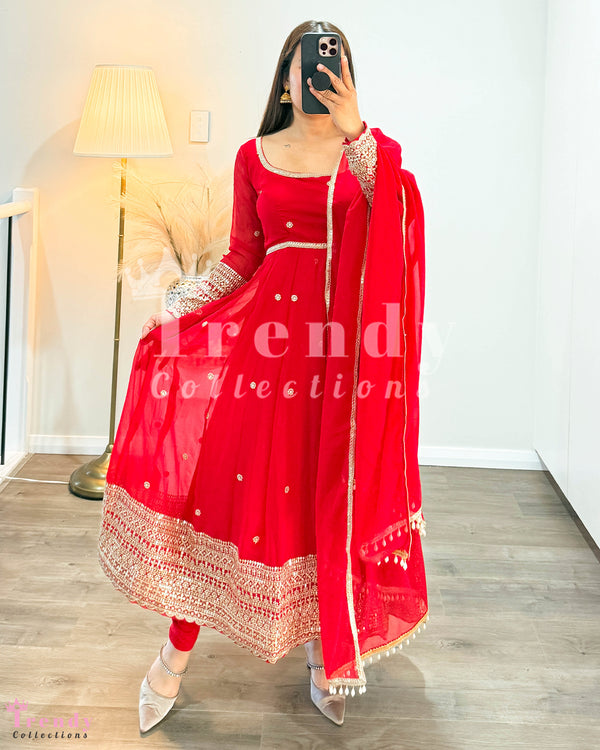 Anarkali Set with Sequin & Zari Work - Red (Sizes 34 to 42 available)