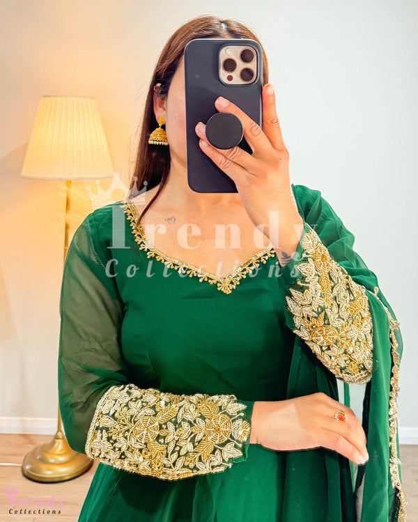 Anarkali Set with Beads Hand Embroidery - Green (Sizes 34 to 42 available)
