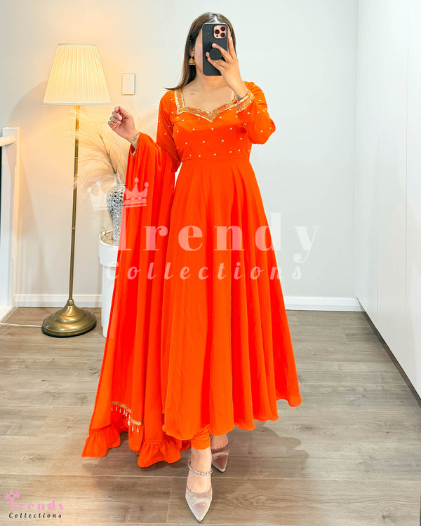 Anarkali Set with Beads Hand Embroidery - Orange Colour (Sizes 34 to 42 available)